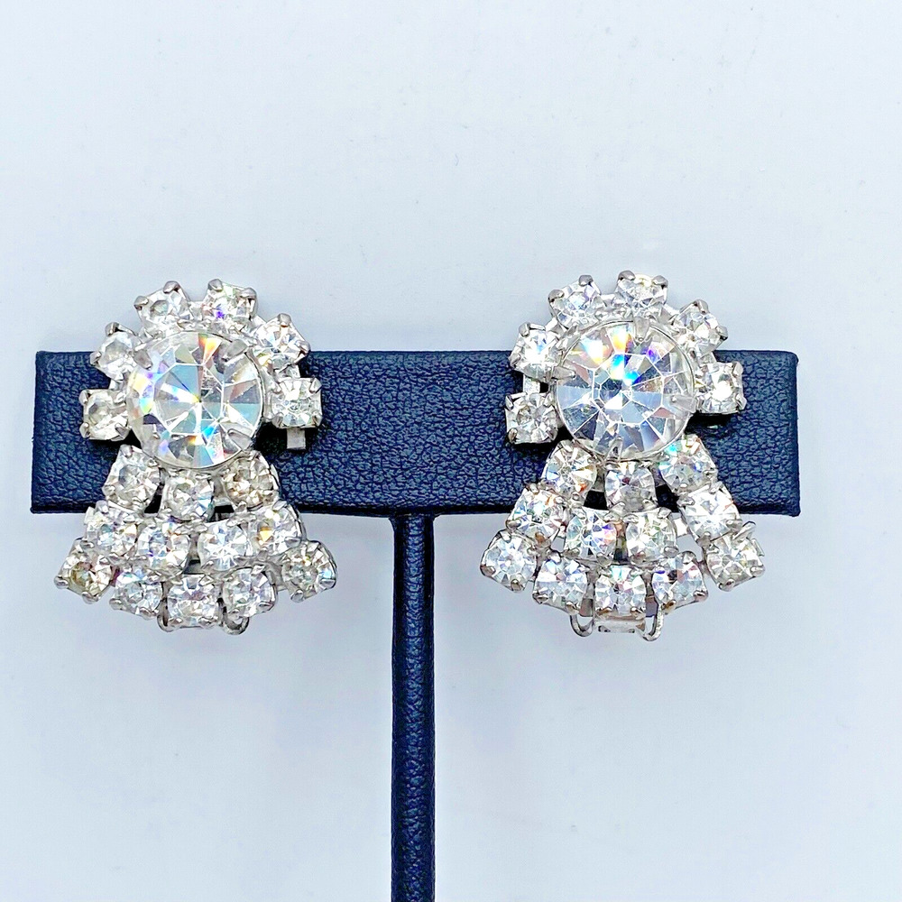 Vintage Clear Rhinestone Geometric Statement Earrings Estate Old Hollywood 1.25"